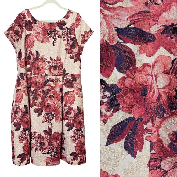 ADRIANNA PAPELL DRESS 20W COCKTAIL FLORAL JACQUARD EVENING GOLD RED NUDE SHORT - Picture 1 of 15